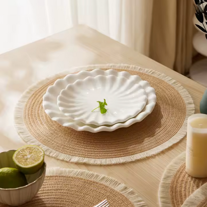 4pcs Round Woven Placemats – Modern Fringe Design, Eco-Friendly Non-Slip Polyester Table Mats"