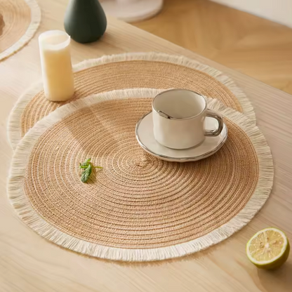 4pcs Round Woven Placemats – Modern Fringe Design, Eco-Friendly Non-Slip Polyester Table Mats"