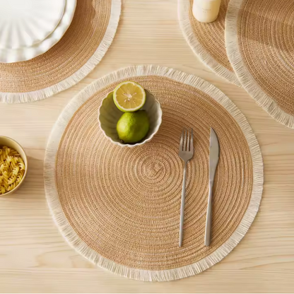 4pcs Round Woven Placemats – Modern Fringe Design, Eco-Friendly Non-Slip Polyester Table Mats"